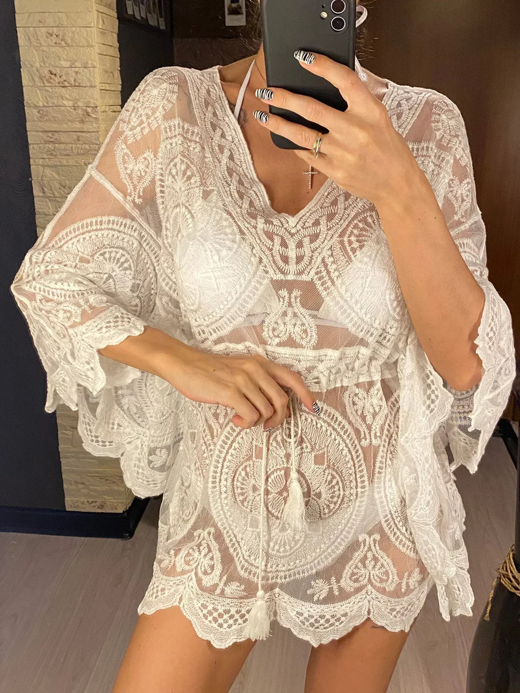 2026 New Sexy Lace See Through Long Sleeve Tunic Beach Cover Up Cover-ups Beach Dress Beach Wear Beachwear Female Women V4528