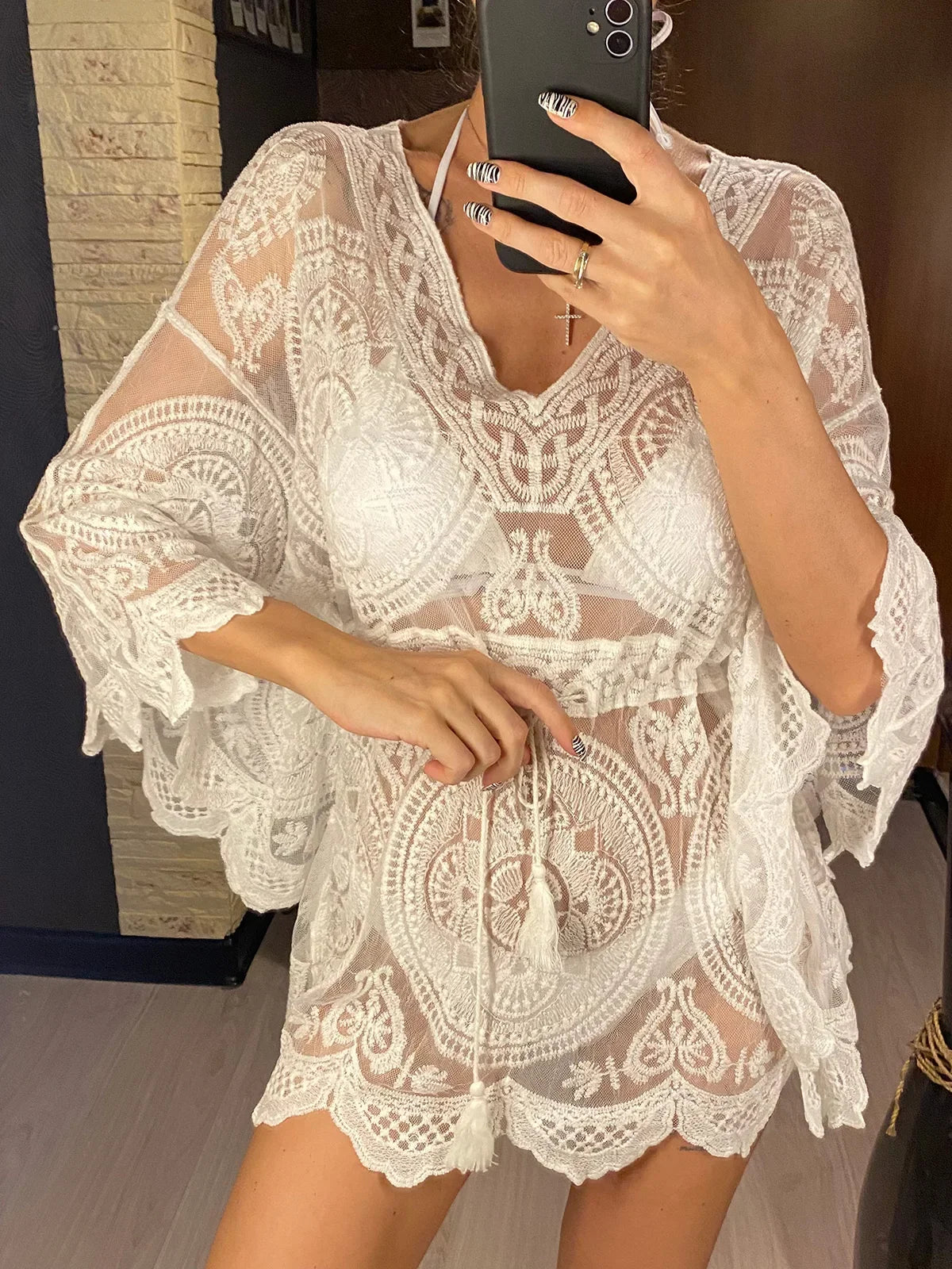 2026 New Sexy Lace See Through Long Sleeve Tunic Beach Cover Up Cover-ups Beach Dress Beach Wear Beachwear Female Women V4528