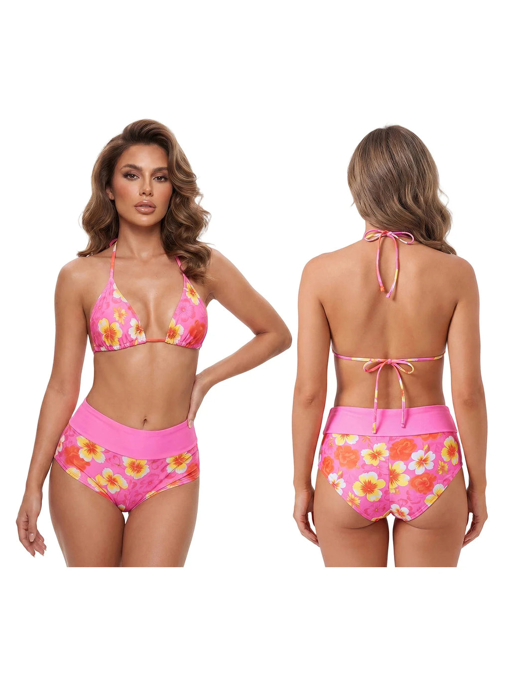 Women’s Two Piece Bikini Set Rose Hibiscus Floral Print Halter Tops with Fold Over Waist Shorts Summer Beach Wear