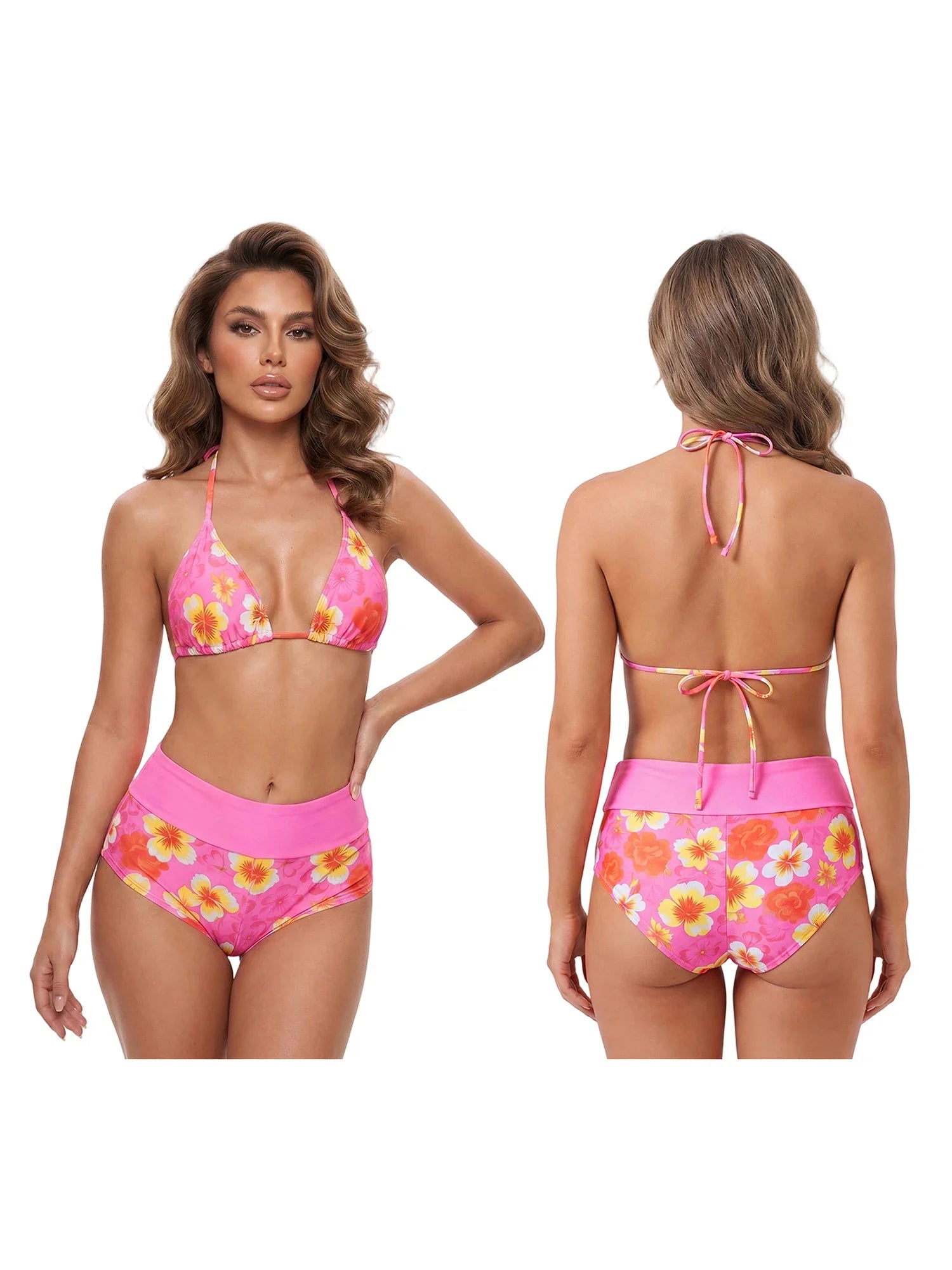 Women’s Two Piece Bikini Set Rose Hibiscus Floral Print Halter Tops with Fold Over Waist Shorts Summer Beach Wear