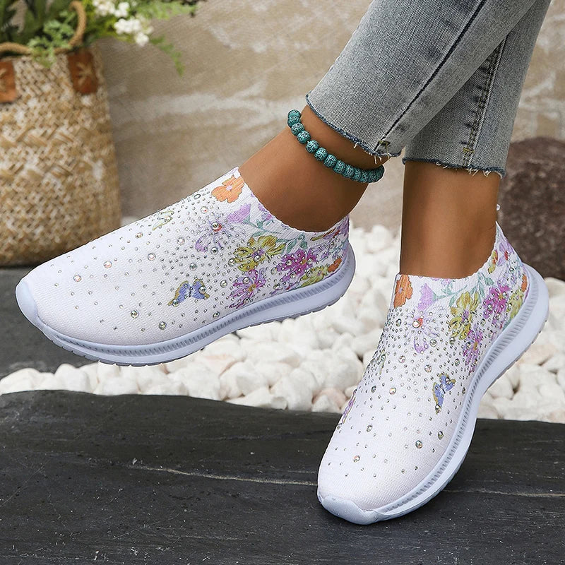 2025 Fashion Crystal Platform Sneakers Women Plus Size Slip On Flowers Printed Flats Woman Breathable Soft Sole Wakling Shoes