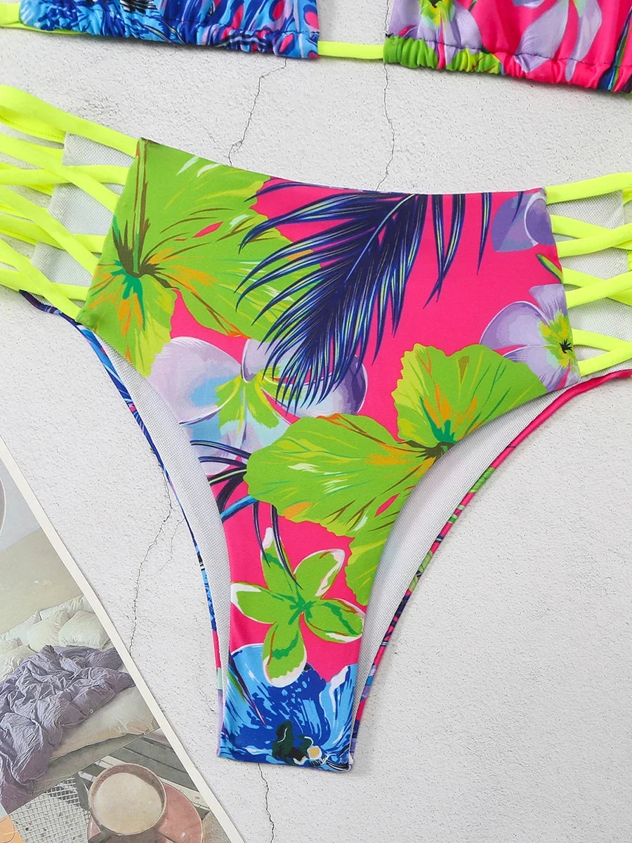Halter String Floral Bikini 2026 High Waist Swimsuit Women Padded Swimwear Female Bathers Bathing Swimming Swim Suit Beachwear