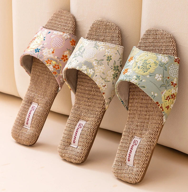 Breathable Indoor Linen Slippers For Women Men Home Floor Shoes Chinese Style Emrobidery Anti-slip Couples House Bedroom Slides