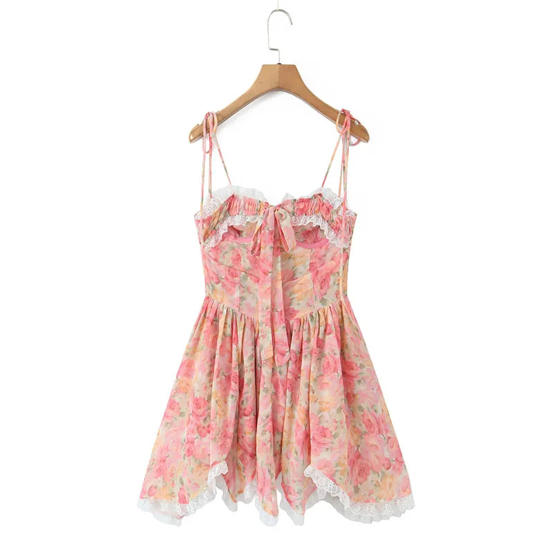 Vietnamese Blogger's Lace Trimmed Patchwork Hem Irregular Strap Dress For Women Waist-cinching Back-tie Short Dress Elegant 0M5S