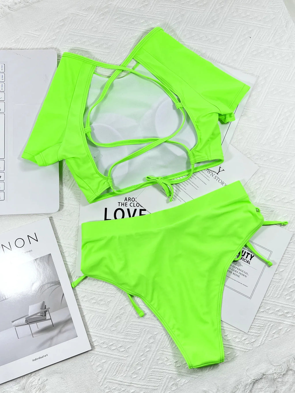 2026 New Sexy Two Piece Swimsuit Swimwear Women Fluorescent Green Hollow Straps High Waist Bathing Suit Beachwear Short Sleeve