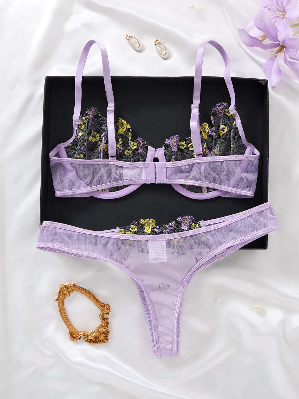 Women's Purple Floral Embroidery Lingerie Set Half Cup Push Up Bra And Thong Sheer Mesh Lace Comfortable Sexy Underwear ZA824026
