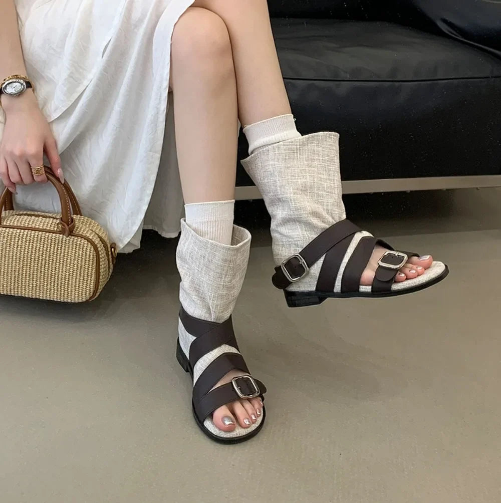 Women's French Roman Style Belt Buckle High Top Sandals Summer New Retro Motorcycle Gladiator Ankle Sandals Boots New Summer