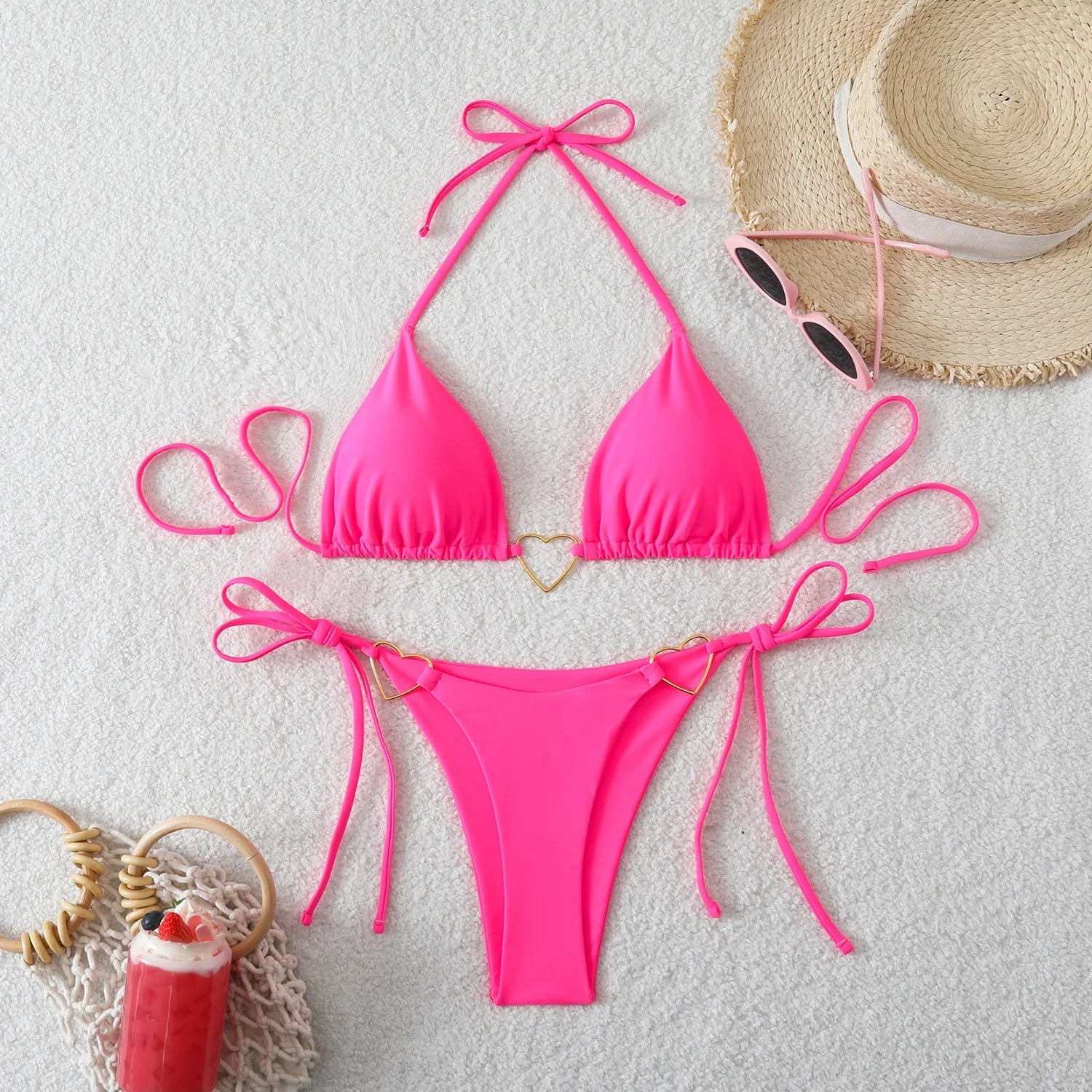 Sexy Metal Heart Ornament Bikini Set 2026 Women Blue Pink Halter Push Up Bra Thong Swimsuit Beach Bathing Suit Vacation Swimwear