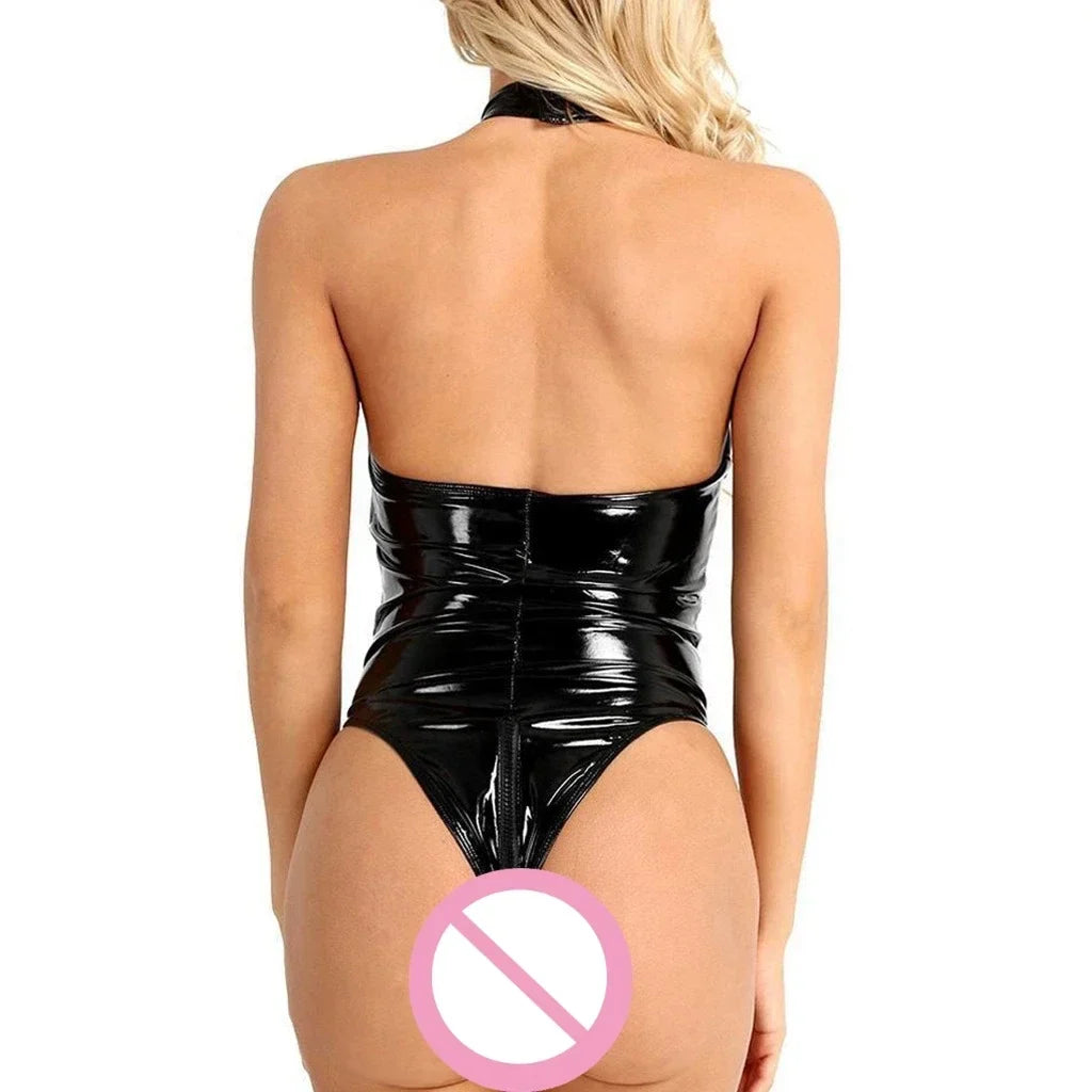 Porn Suit Women Sexy Lingerie Backless PU Leather Bodysuit Underwear Zipper Crotchless Erotic Sensual Exotic Costumes