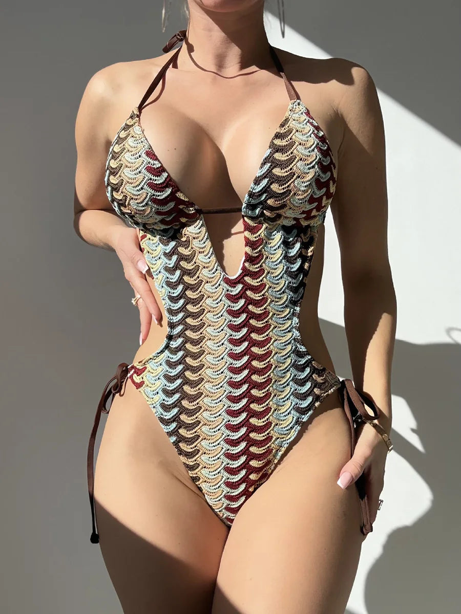 S - XL Printed Deep V Neck Halter One Piece Swimsuit Women Swimwear Female High Leg Cut Monokini Backless Bathing Suit Swim Lady