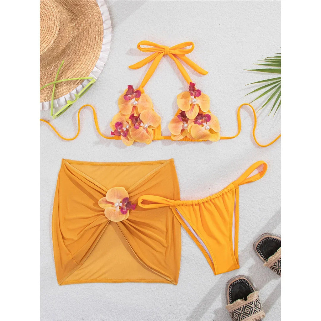 3D Flowers With Skirt Bikini Female Swimsuit Women Swimwear Halter Padded Bather Bathing Suit Swim Three-pieces Bikini set K8102