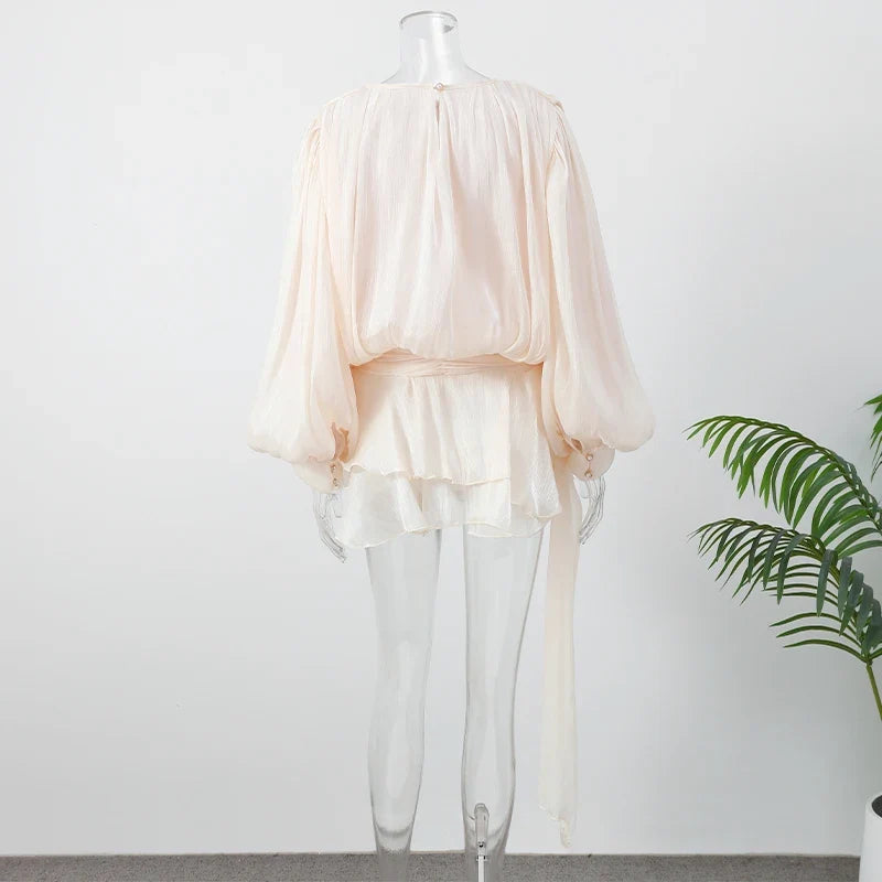 Fashion Solid Mesh Long Sleeved Backless Pleated Prom Dresses Chic Ruffle Bow Lace Up Women Mini Dresses Lady Spring Party Robe