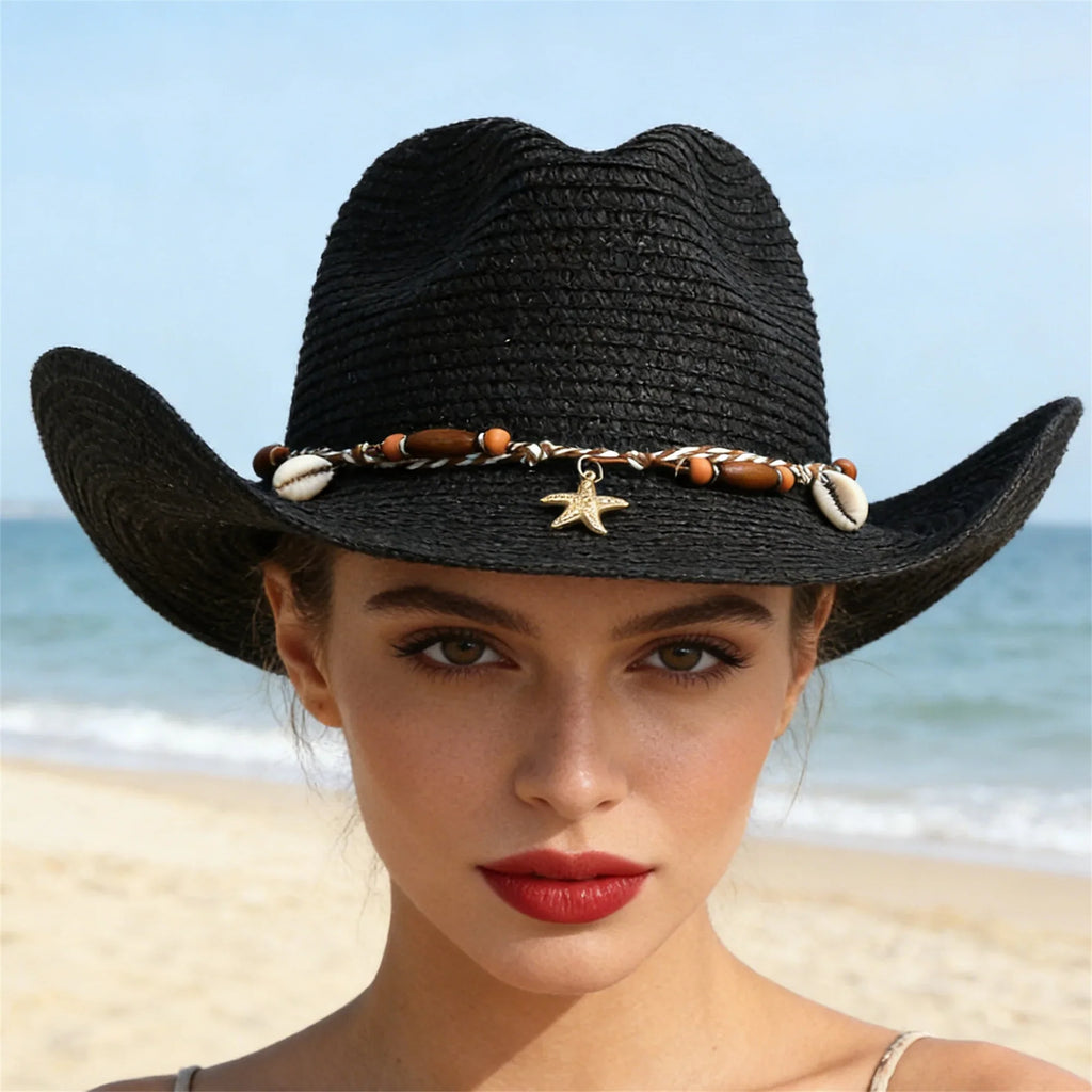 Women Men Straw Cowgirl Hat Starfish Shell Decor Western Panama Jazz Hat Summer Sun Hat for Travel Beach