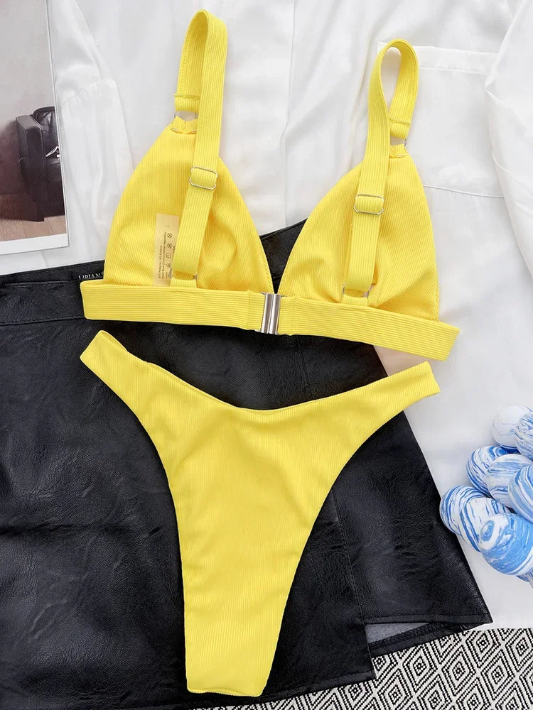 Ribbed Triangle High Cut Bikini Women Swimsuit Female Thong Swimwear Two Pieces Bikini Set Rings Bather Bathing Suit Swim Lady