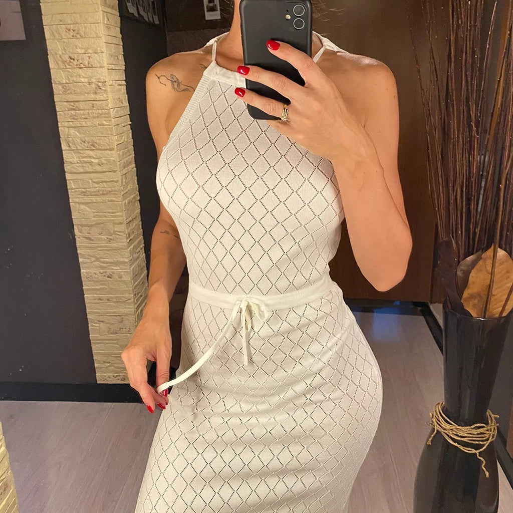 Halter Backless High Leg Cut Crochet Knitted Tunic Beach Cover Up Cover-ups Beach Dress Beach Wear Beachwear Female Women V5753