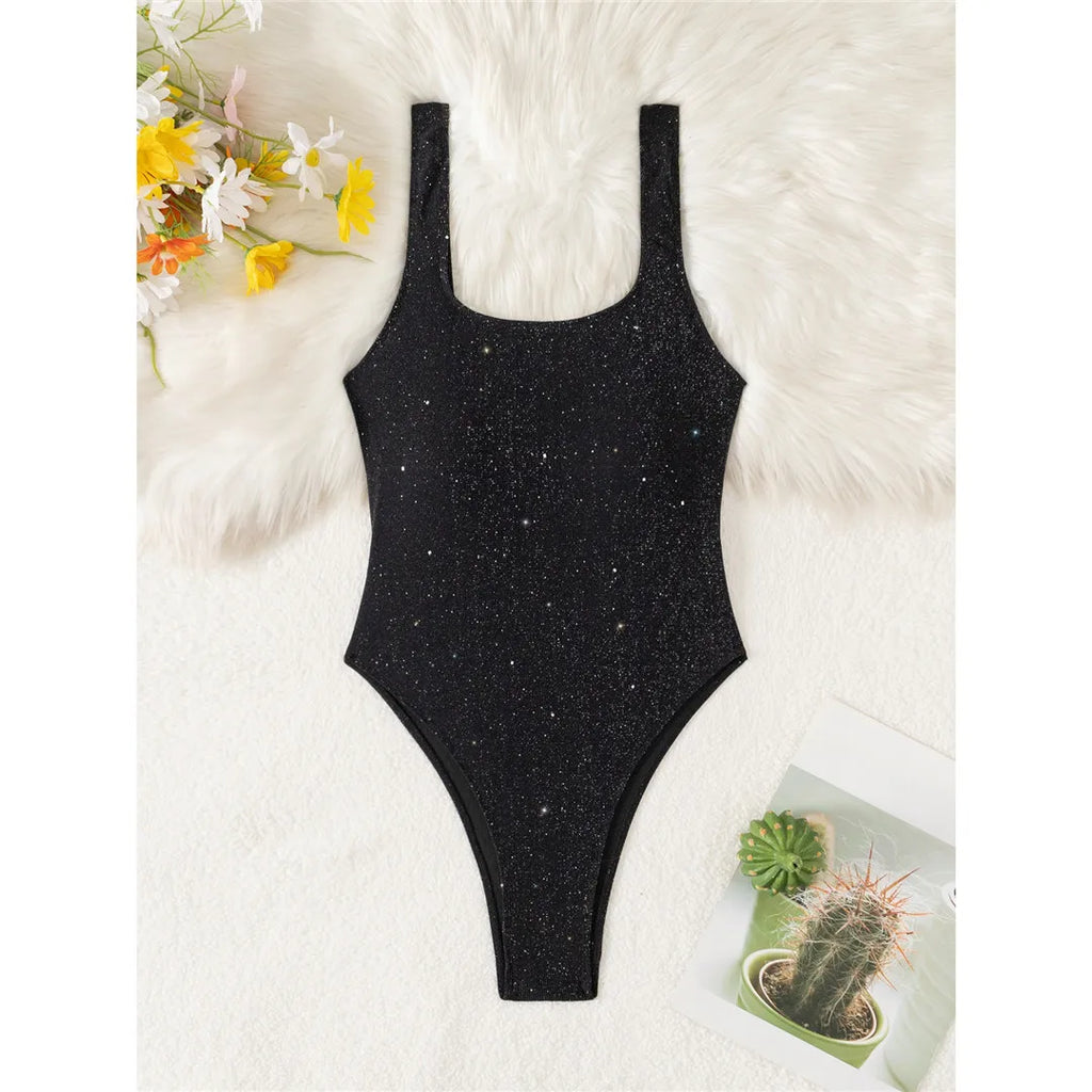 Glitter Sparkling Cut Out Backless One Piece Swimsuit Women Swimwear Female High Cut Leg Padded Bather Bathing Suit Swim V6493