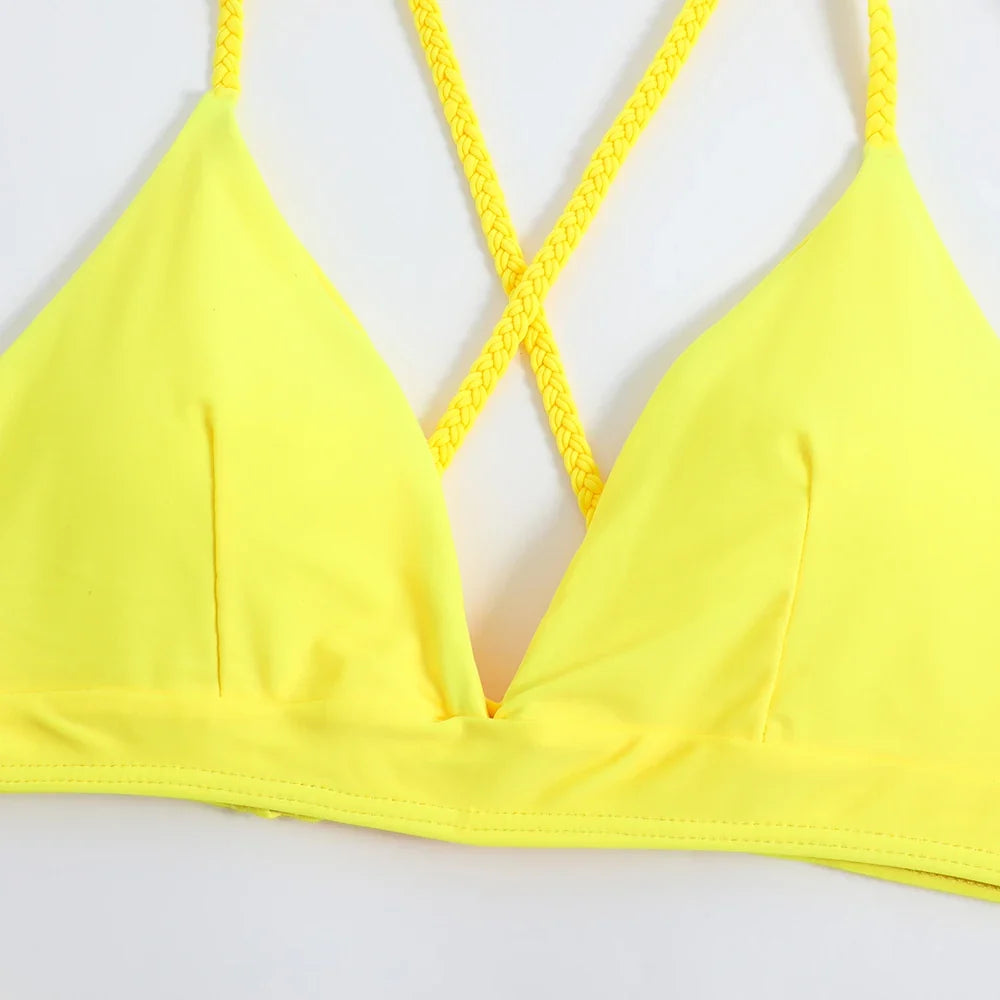 2026 V Neck Two Piece Solid Bikini Back String Women Swimwear Female Swimsuit Bathers Bathing Swimming Suit Beachwear Summer