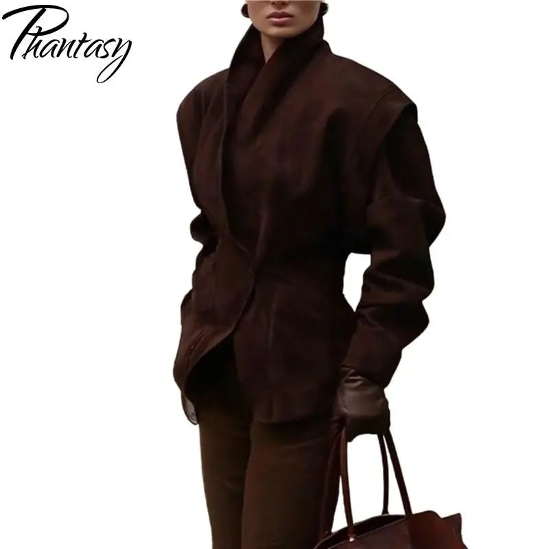 Phantasy Fashion Vintage Belt-Down Jacket Autumn Winter V-Neck Commuter Brown Suit Casual Style High-End Women's Clothing 2025