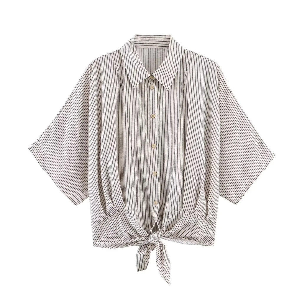 Women's Fashion Short-Sleeve Shirt Black White Striped Front Shirt Short Sleeve Button Up Blouse For Women Casual Wear 884U