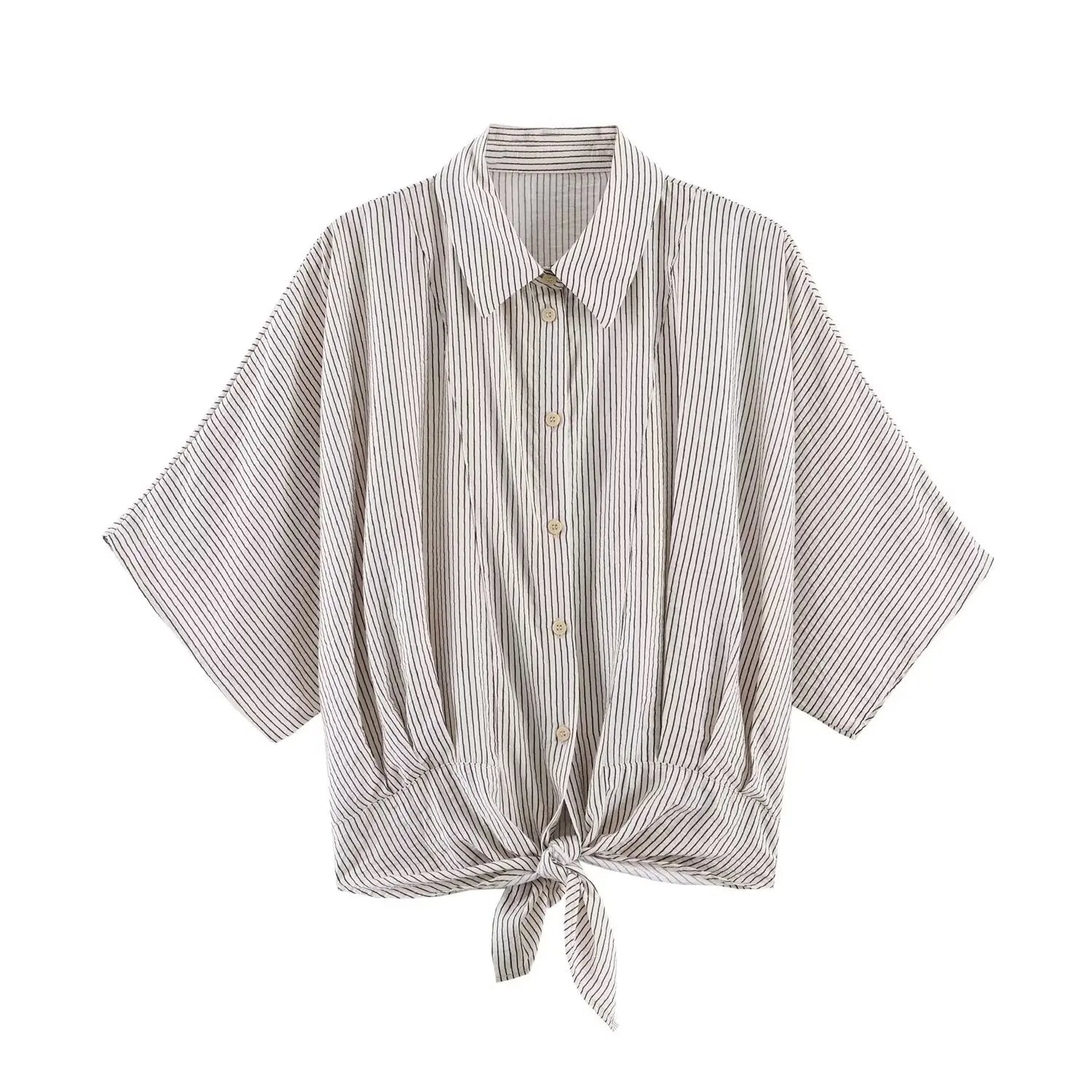 Women's Fashion Short-Sleeve Shirt Black White Striped Front Shirt Short Sleeve Button Up Blouse For Women Casual Wear 884U