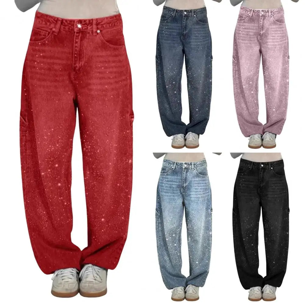 Women's Straight Leg Denim Pants High Waisted Baggy Wide Leg Bling Jeans Casual Sparkly Harem Jeans for Streetwear