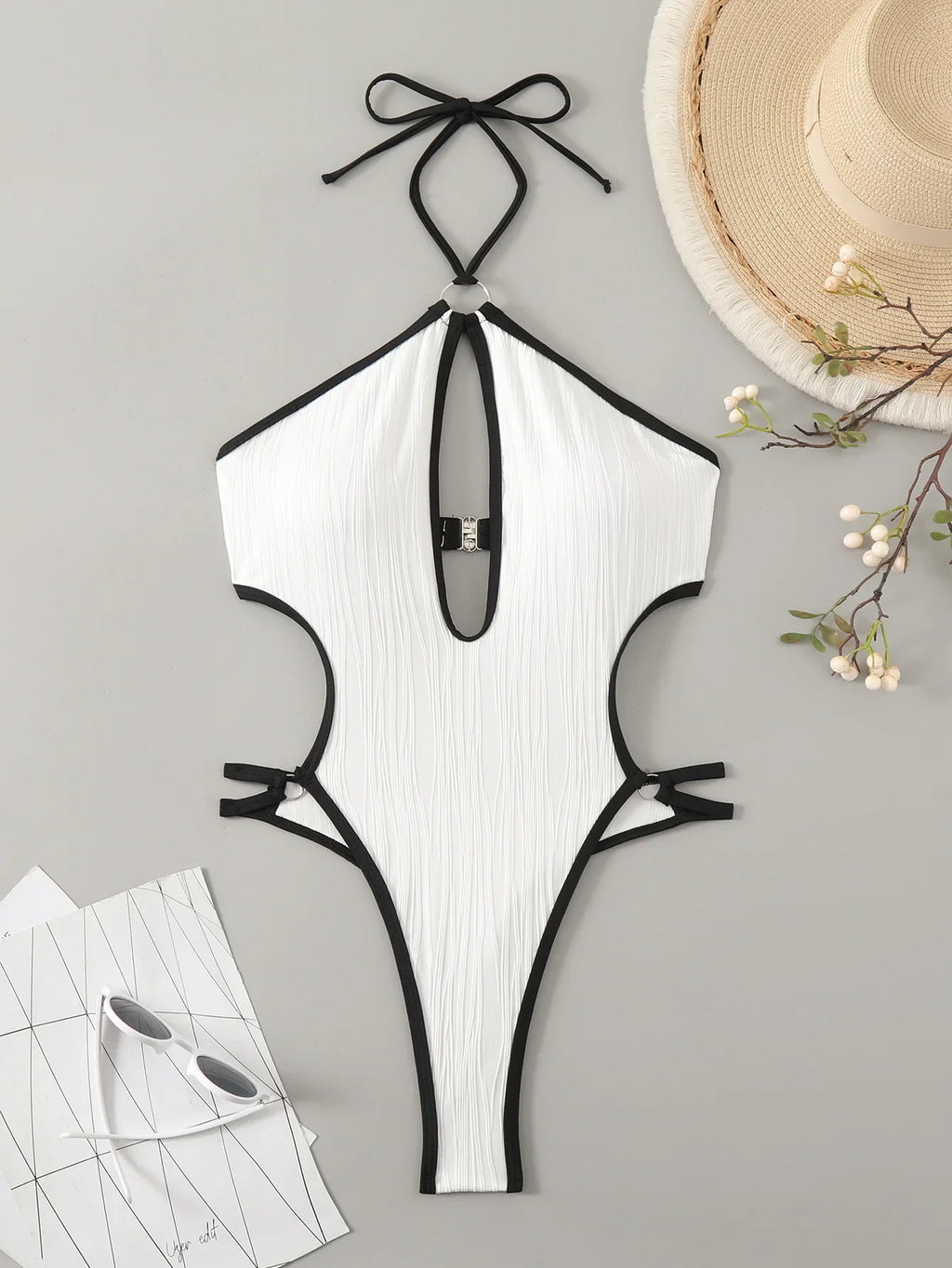 DEKA White Hollow One Pieces Swimsuit Women's Beaded HalterBathing Suit Bodysuit Vacation Swimwear Beach Wear