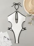 DEKA White Hollow One Pieces Swimsuit Women's Beaded HalterBathing Suit Bodysuit Vacation Swimwear Beach Wear