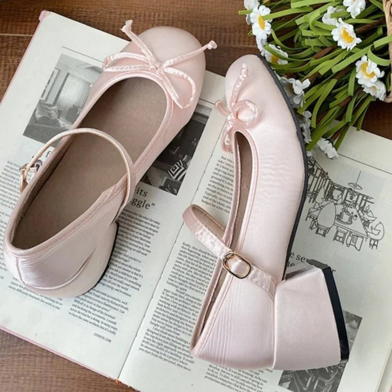2025 spring cute sweet Bowknot Mary Janes for Women  vintage Silk Med Heels  pumps Ladies  Banquet Wedding Single Shoes Mujer