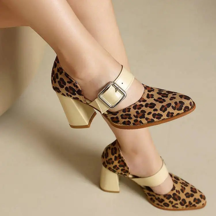 Spring  Autumn New Model Fashion High Heels Nude Shoes Color Blocking Pointed Tip Buckle Leopard Print Sexy Party Women's Shoes