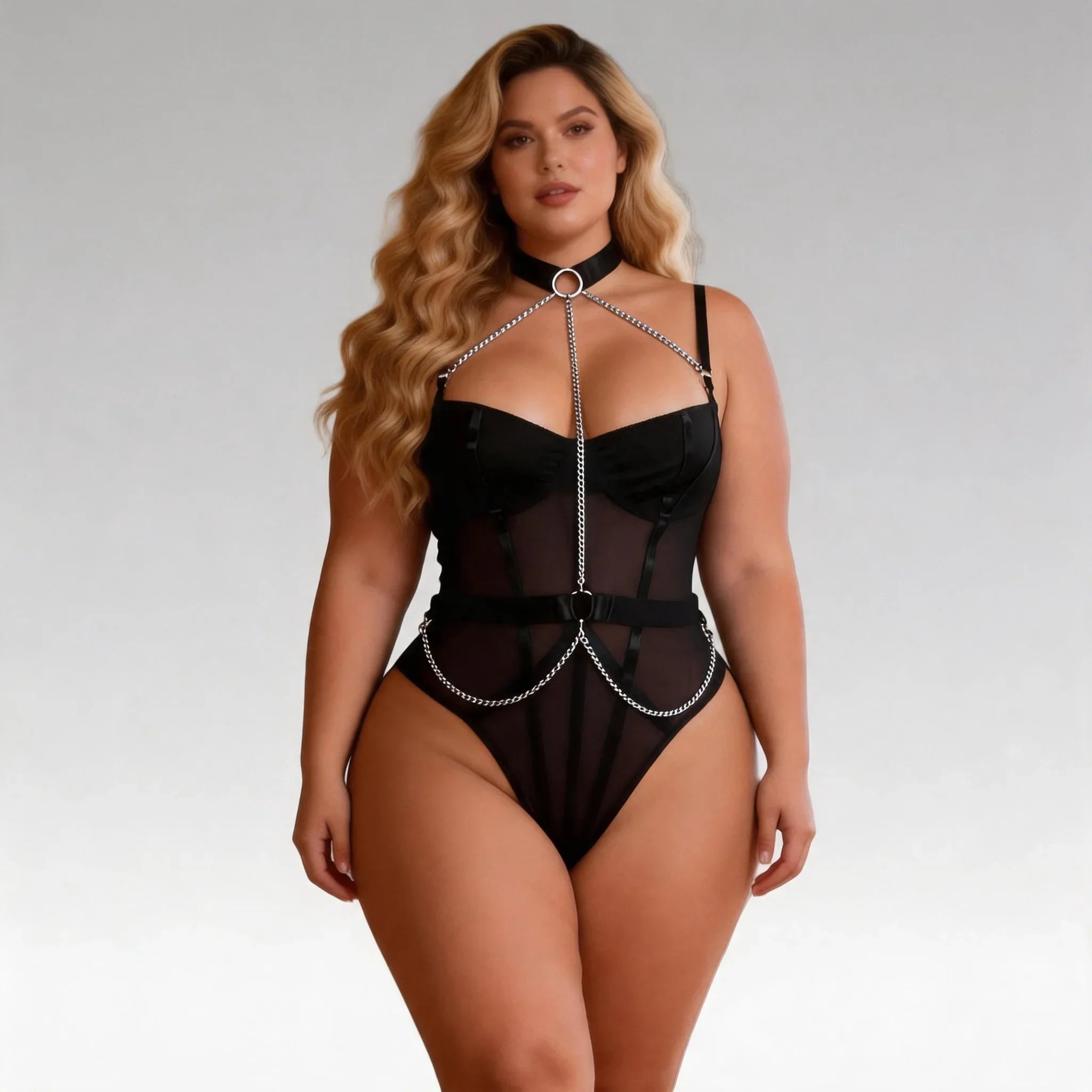 Black Mesh Chain Suspender Bodysuit for Women Sheer Teddy Lingerie Underwire Open Crotch Adjustable Straps with Garter Belt Neck