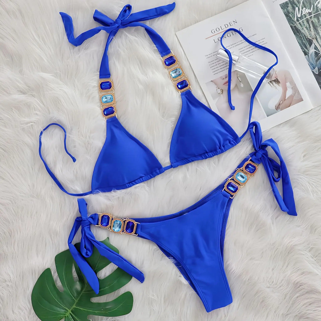DEKA Sexy Crystal Diamond Swimwear Rhinestone Bikini Set Women Luxury Black Push Up Bandage Thong Swimsuit Beach Bathing Suit