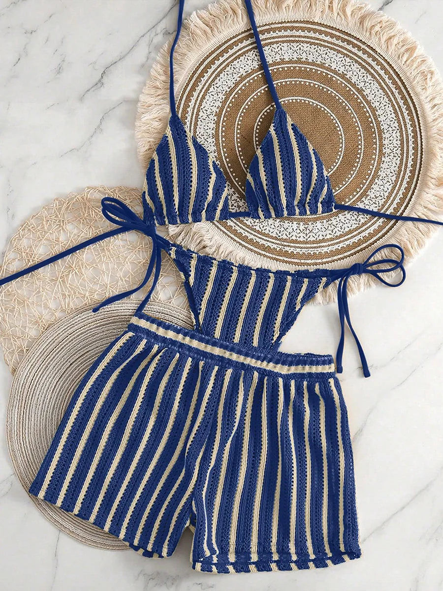 3PCS With Shorts Stripe Halter Fishnet Bikini Women Swimwear Female Swimsuit Three-pieces Bikini Set Bathing Suit Swim Beachwear