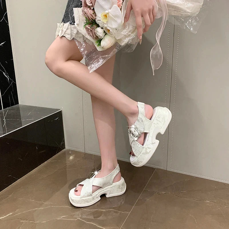 Fashion Crystal Buckle Platform Sandals Women Pink Embroidery Thick Heels Sandalias Mujer Comfortable Heightened Rome Sandals
