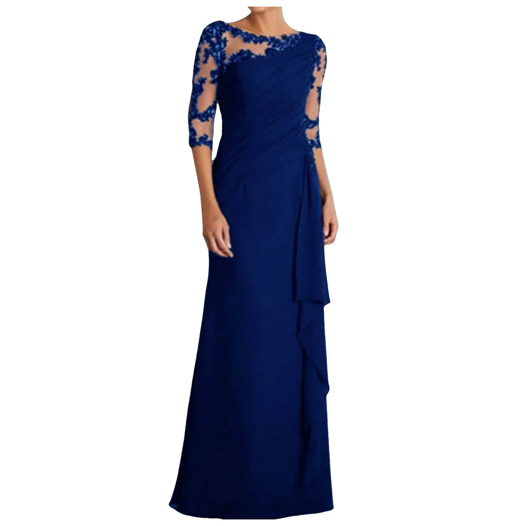 Women Elegant Lace Long Dress Sexy See Through Round Neck Mid Sleeve Dress Solid Color Evening Party Prom Dress Cocktail Gown