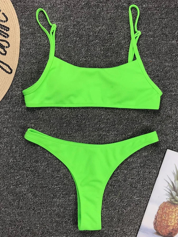 Sexy Neon Yellow Ribbed Brazilian Bikini Women Swimwear Female Swimsuit Two-pieces Bikini Set High Cut Bather Bathing Suit Swim