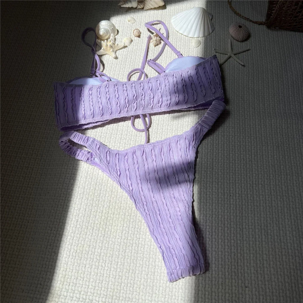 Wrinkled Crinkled Knotted Bikini Women Swimwear Female Swimsuit Two-Pieces Bikini Set Brazilian Bather Bathing Suit Swim V5709