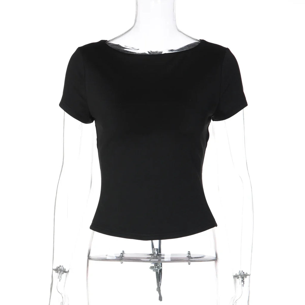 FDYOUI Fashion Casual Backless Lace-up T-shirts Women's Summer O-neck Short Sleeve Cropped Tops Streetwear Y2K Solid Tee Shirt