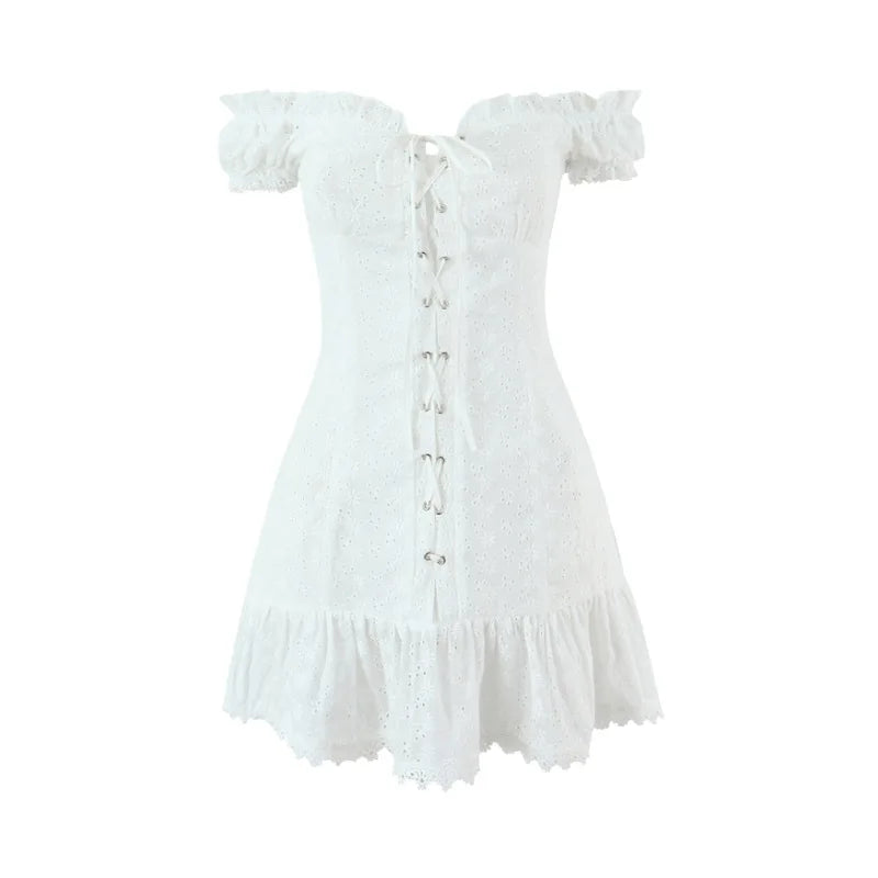 One-shoulder Off-the-shoulder Puff Sleeve Dress For Women With Hollowed-out Chest Embroidered Straps Pure Desire Dress 534Q
