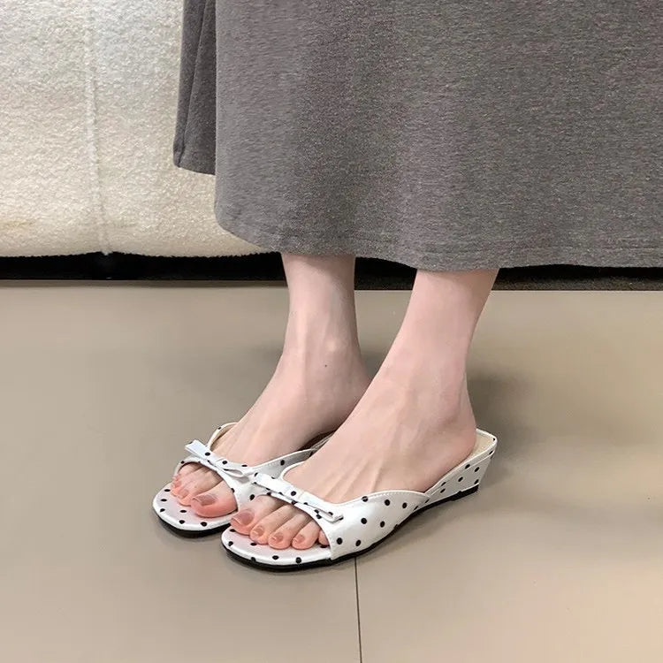2026 New Polka Dot Wedges Heels Women Slippers Fashion Open Toe Butterfly-knot Party Dress Slide Summer Outdoor Daily Wear Shoes
