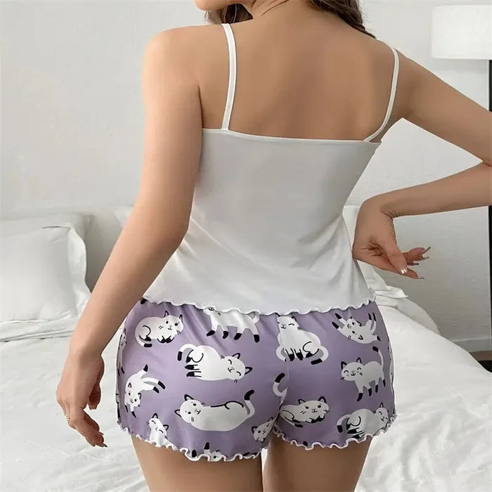 New Women's Fun Printed Suspender Top with Shorts Pajama Set Casual Home Style Pajamas for Women  Sleepwear Lingerie