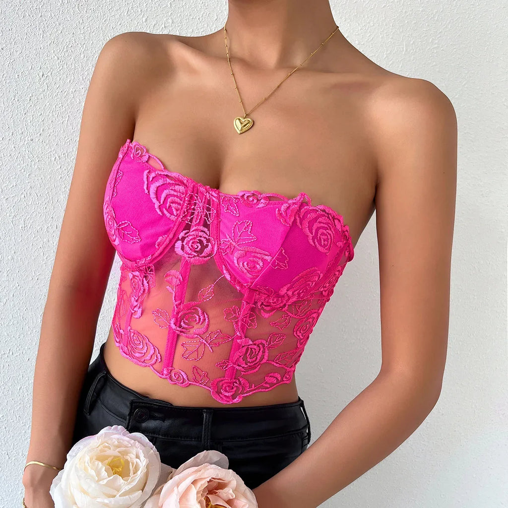 Phantasy Sexy Lace See through Crop Top Women Fashion Floral Embroidery Black Tank Top Night club Dress up 2026 Summer Outfit
