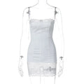FDYOUI Women's Lace Patchwork White Wedding Party Dresses Sexy Spaghetti Strap Backless Skinny Mini Evening Prom Dress Clubwear