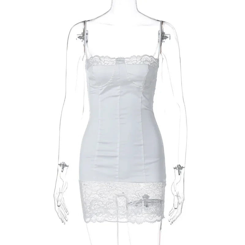 FDYOUI Women's Lace Patchwork White Wedding Party Dresses Sexy Spaghetti Strap Backless Skinny Mini Evening Prom Dress Clubwear