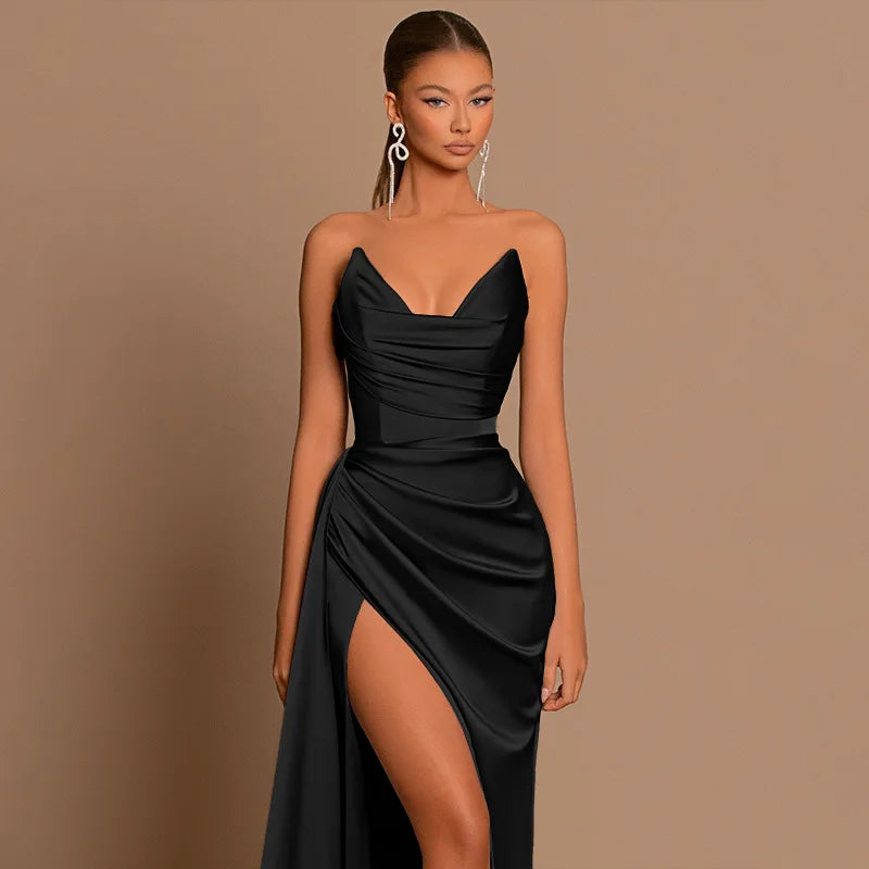 Elegant Strapless Solid Evening Gown Chic Satin Corset Dress for Women V-neck Split Blue Long Dress Lady Summer Party Dress up