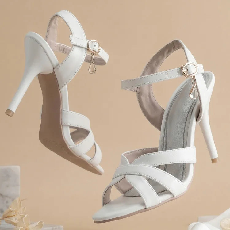 2026 Summer New Women's Metallic High Heel Sandals Ankle Strap Crystal Buckle Stiletto Heels Sexy Party Wedding Prom Dress Shoes