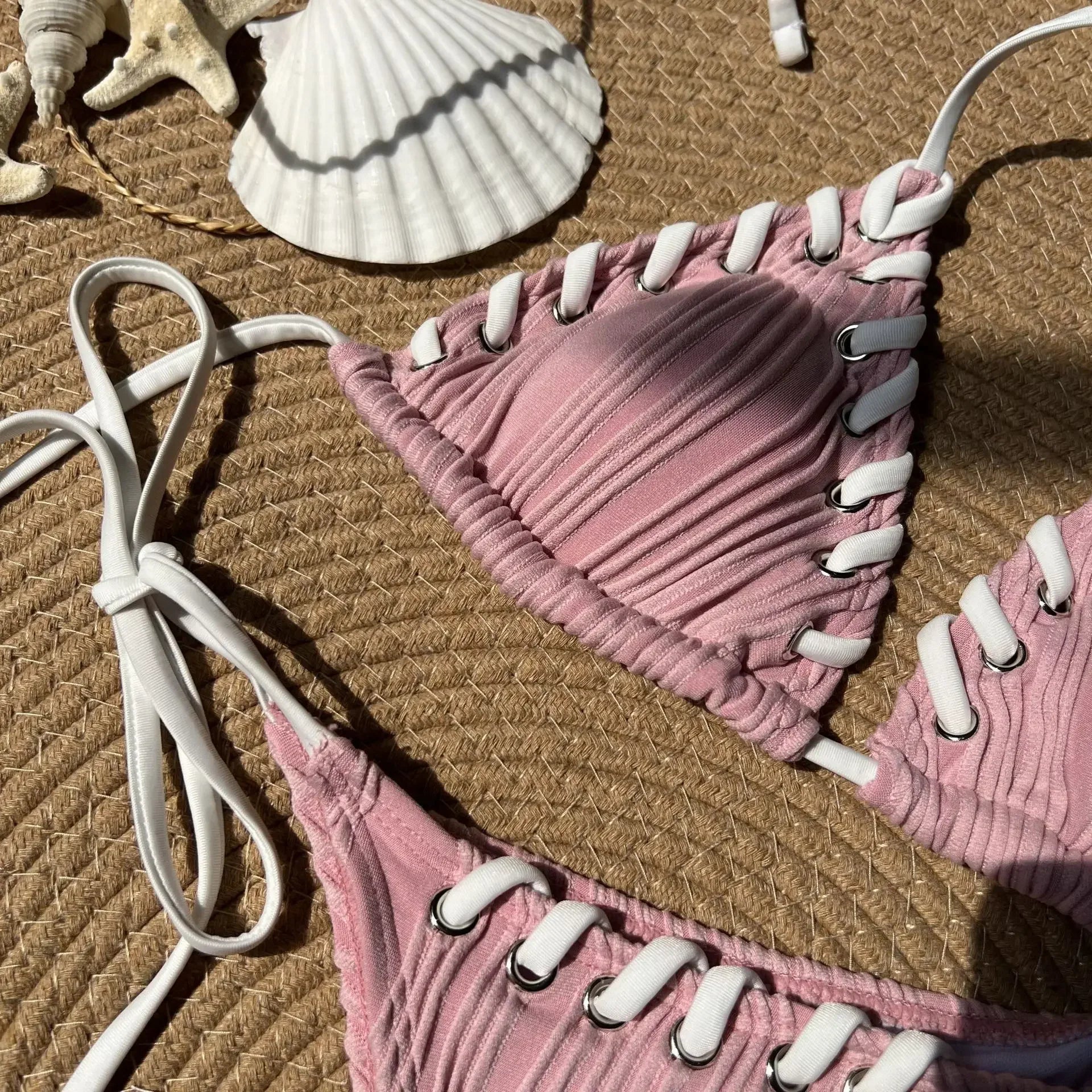 2025 Halter Wrinkled Weaved Bikini Women Swimwear Female Swimsuit Two Pieces Bikini Set Brazilian Bathing Suit Swim Beach Wear