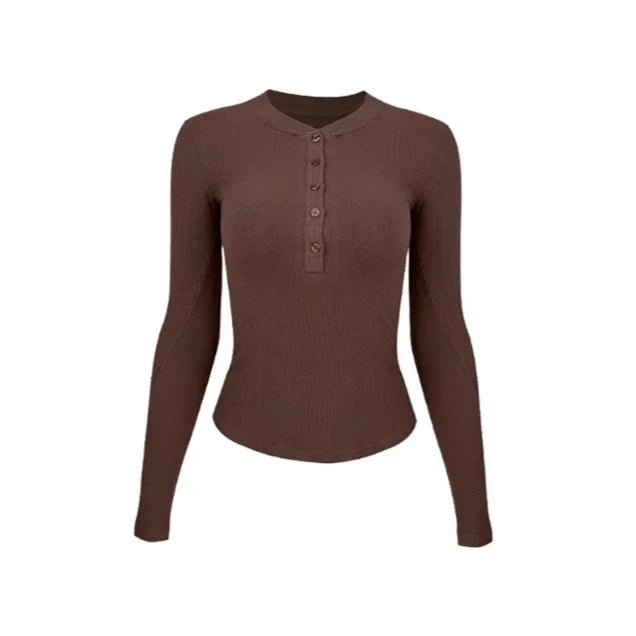 Women's fitness yoga suit, tight fitting long sleeved Henley shirt, running fitness base top