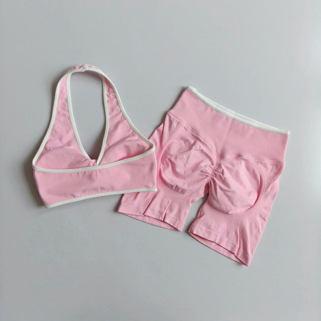 2pcs Women's Seamless Push-up Sports Vest Bra Set with High Elastic Hip Lifting Shorts for Running Aerobics Yoga