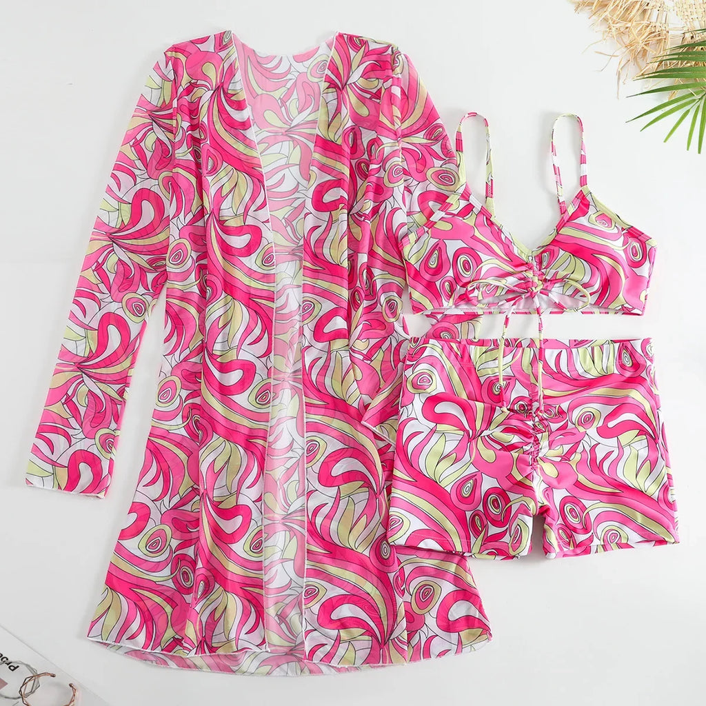 New Sexy 3 Pieces Suit for Women Neck Hanging Bikini Set+Cover-up Swimwear Sunproof Tankini High Waist Shorts Swimsuit Beachwear