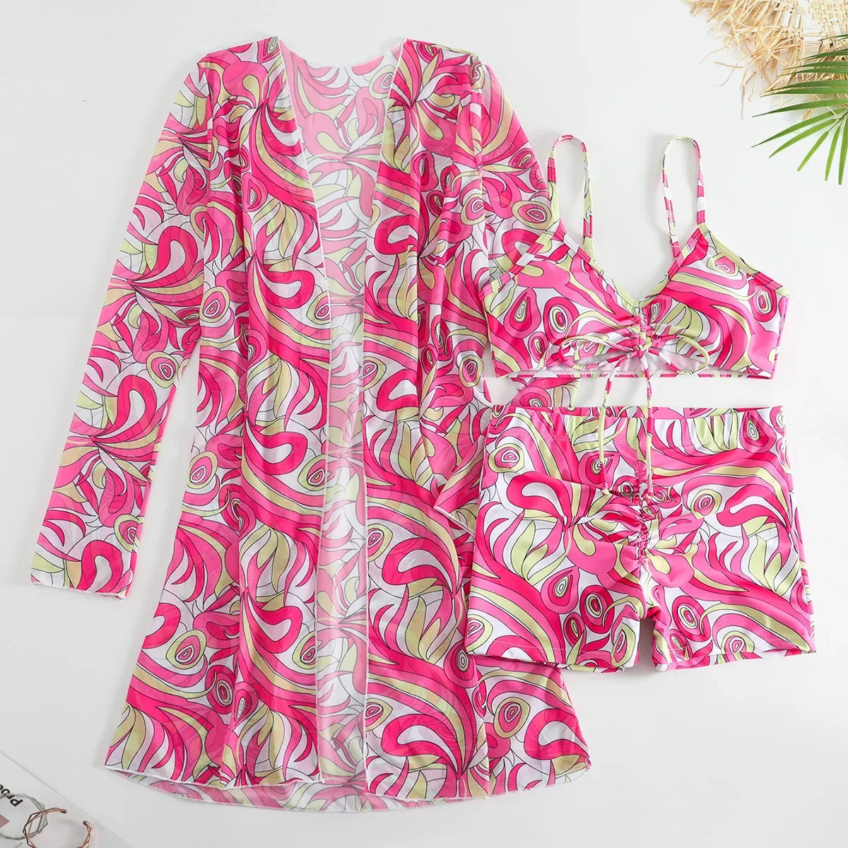 New Sexy 3 Pieces Suit for Women Neck Hanging Bikini Set+Cover-up Swimwear Sunproof Tankini High Waist Shorts Swimsuit Beachwear